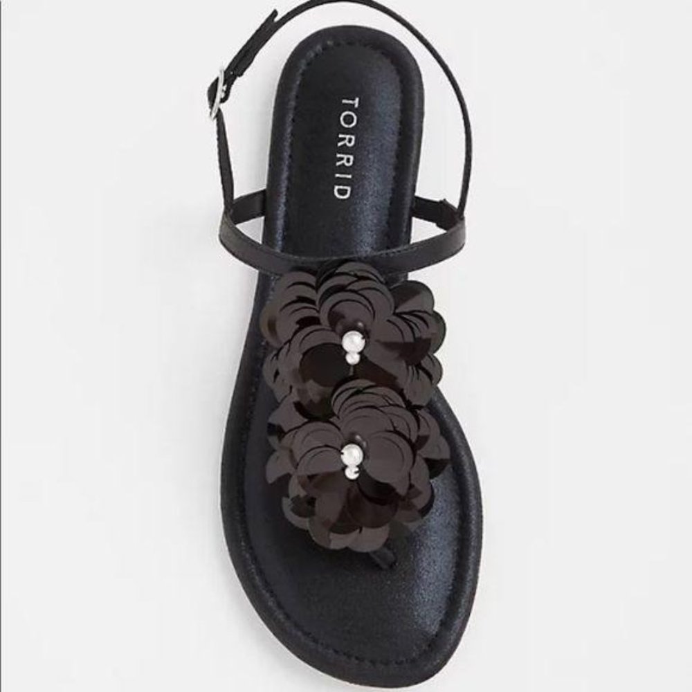 Torrid BLACK SEQUIN FLORAL T-STRAP SANDAL - Picture 3 of 3